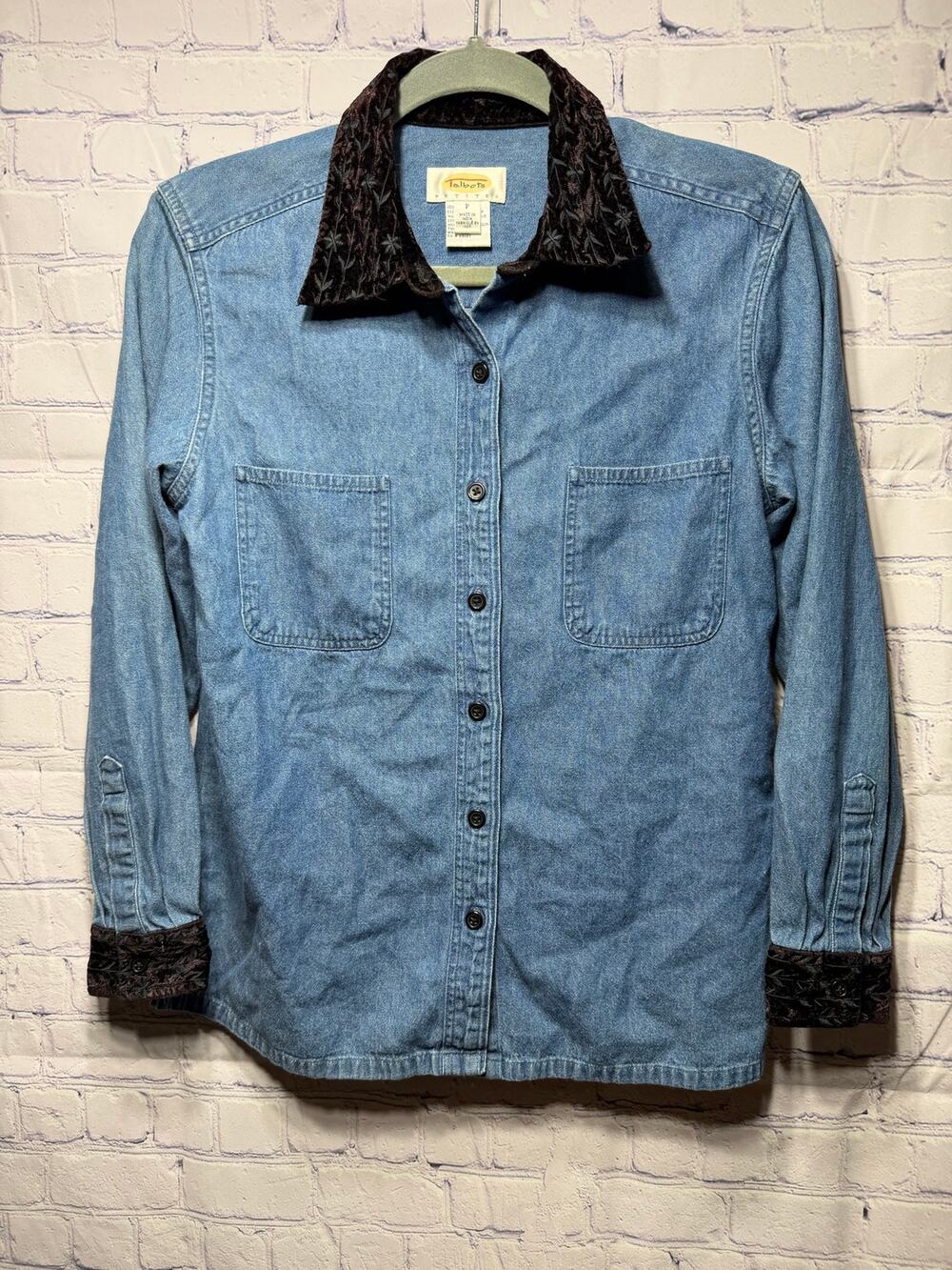 Talbots Womens Denim Button Down Velvet Collar Sz SP Western Casual